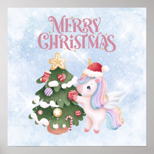 Unicorn And Christmas Tree On  Sparkle Blue Sky Poster