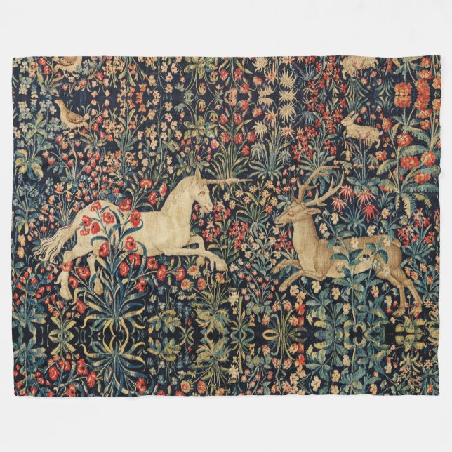 UNICORN AND DEER,FLOWERS, FOREST ANIMALS Floral Fleece Blanket (Front (Horizontal))