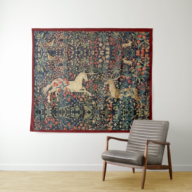 UNICORN AND DEER,FLOWERS,FOREST ANIMALS Floral Tapestry (In Situ (Horizontal))