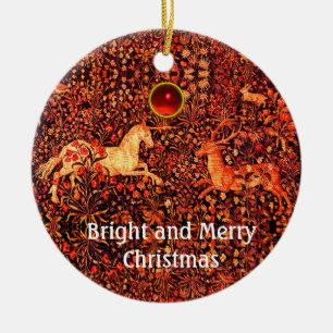 UNICORN AND DEER,FLOWERS,FOREST ANIMALS Red Floral Ceramic Ornament