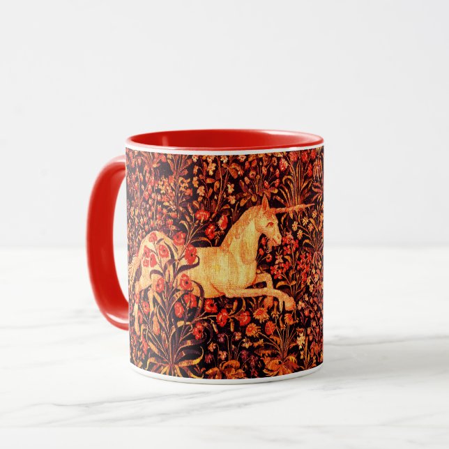 UNICORN AND DEER,FLOWERS,FOREST ANIMALS Red Floral Mug (Front Left)