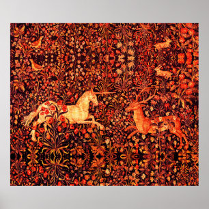 UNICORN AND DEER,FLOWERS,FOREST ANIMALS Red Floral Poster