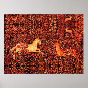 UNICORN AND DEER,FLOWERS,FOREST ANIMALS Red Floral Poster