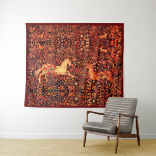 UNICORN AND DEER,FLOWERS,FOREST ANIMALS Red Floral Tapestry