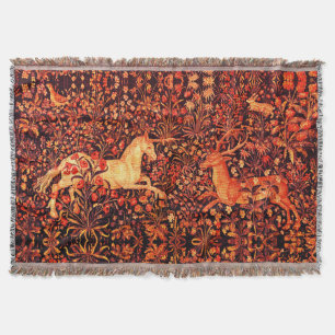 UNICORN AND DEER,FLOWERS,FOREST ANIMALS Red Floral Throw Blanket
