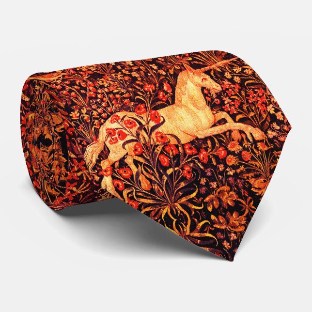 UNICORN AND DEER,FLOWERS,FOREST ANIMALS Red Floral Tie (Rolled)