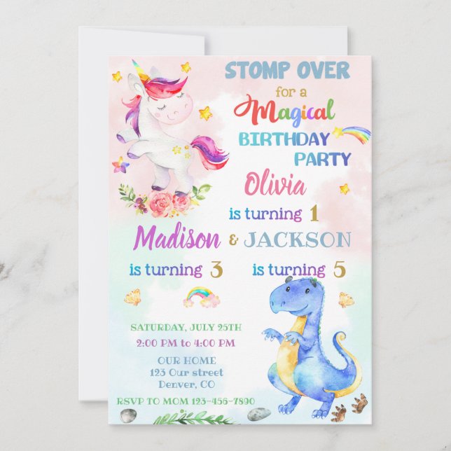 Unicorn and Dinosaur birthday invitation for three (Front)