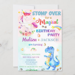 Unicorn and Dinosaur birthday invitation for twins