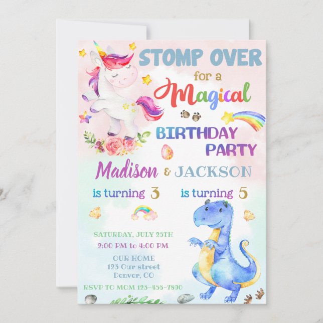 Unicorn and Dinosaur birthday invitation for twins (Front)