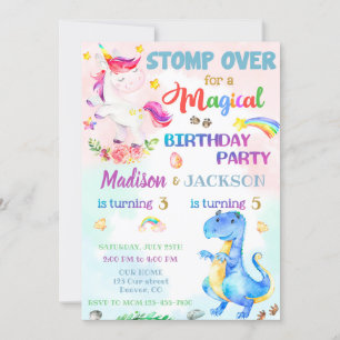 Unicorn and Dinosaur birthday invitation for twins