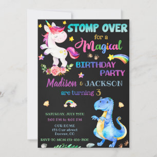Unicorn and Dinosaur birthday invitation for twins