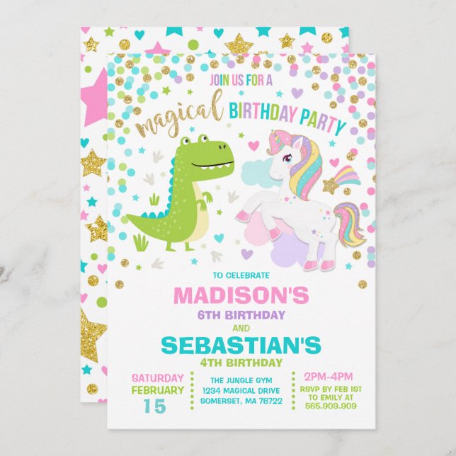 Unicorn And Dinosaur Birthday Invitation Siblings (Front/Back)