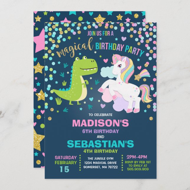 Unicorn And Dinosaur Birthday Invitation Siblings (Front/Back)