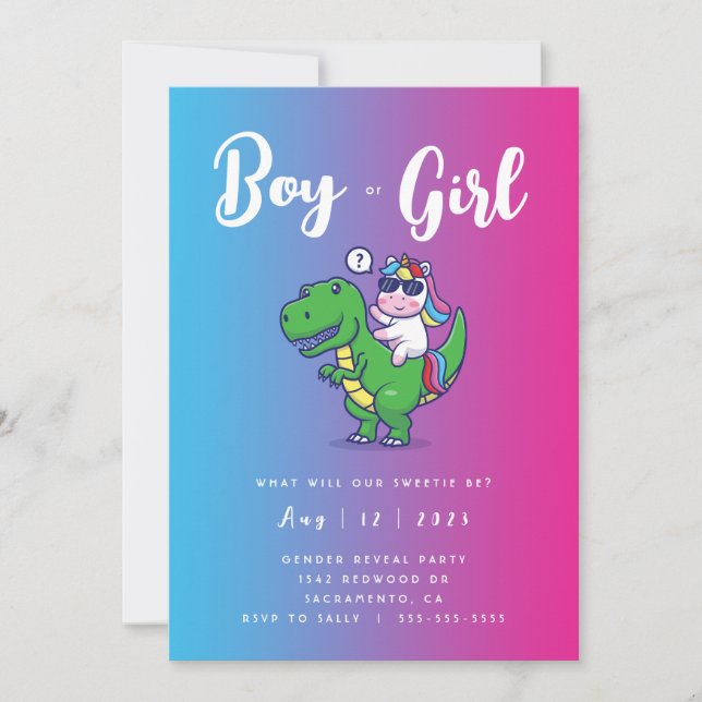 Unicorn and Dinosaur Gender Reveal Invitation 3 (Front)