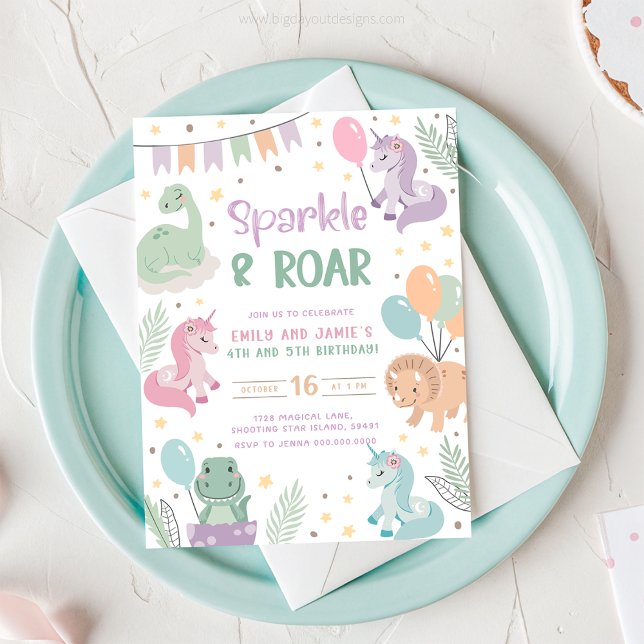 Unicorn and Dinosaur Invitations. Editable Digital Invitation (Unicorn and Dinosaur Sparkle and Roar - Joint Birthday Invitation)