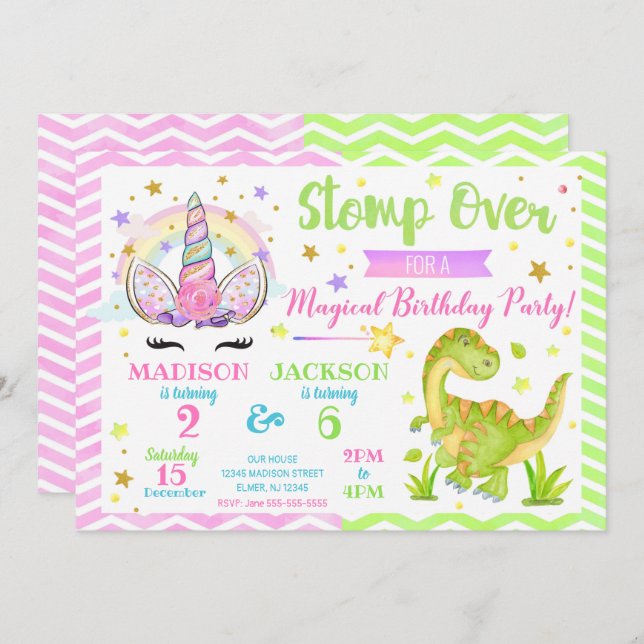 Unicorn and Dinosaur Joint Birthday Invitation (Front/Back)