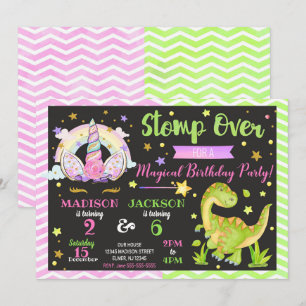 Unicorn and Dinosaur Joint Birthday Invitation
