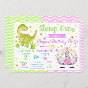 Unicorn and Dinosaur Joint Birthday Invitation