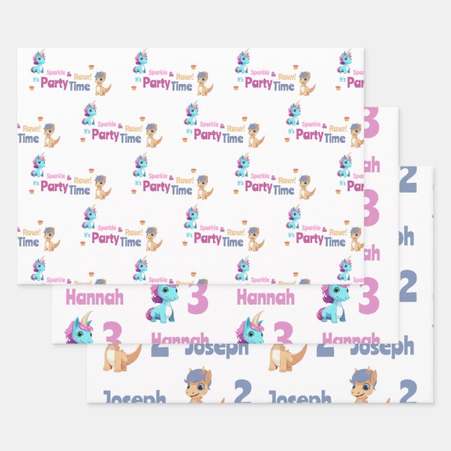Unicorn and Dinosaur Joint Kids Party Custom  Wrapping Paper Sheet (Set)