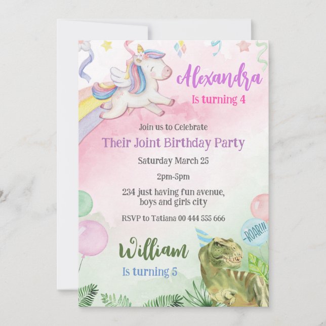 Unicorn and Dinosaur Joint Sibling Birthday Party Invitation (Front)