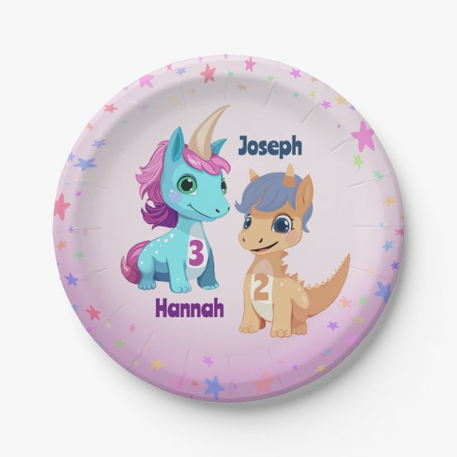 Unicorn and Dinosaur Kids Party Plates (Front)