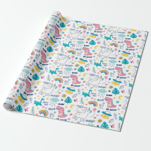 Unicorn And Dinosaur Pattern Wrapping Paper