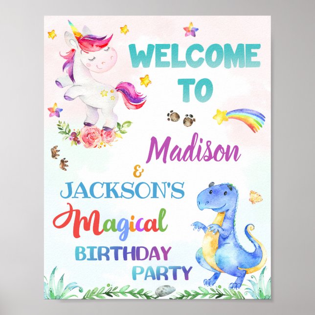 Unicorn and Dinosaur welcome party sign Magic sign (Front)