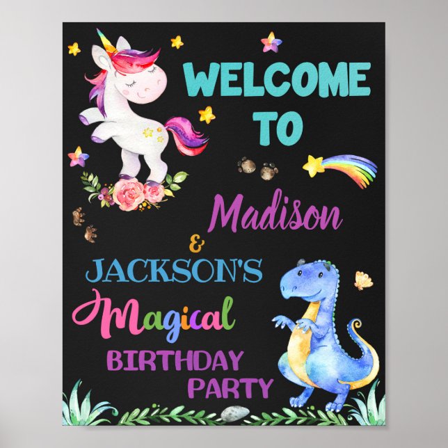 Unicorn and Dinosaur welcome party sign Magic sign (Front)