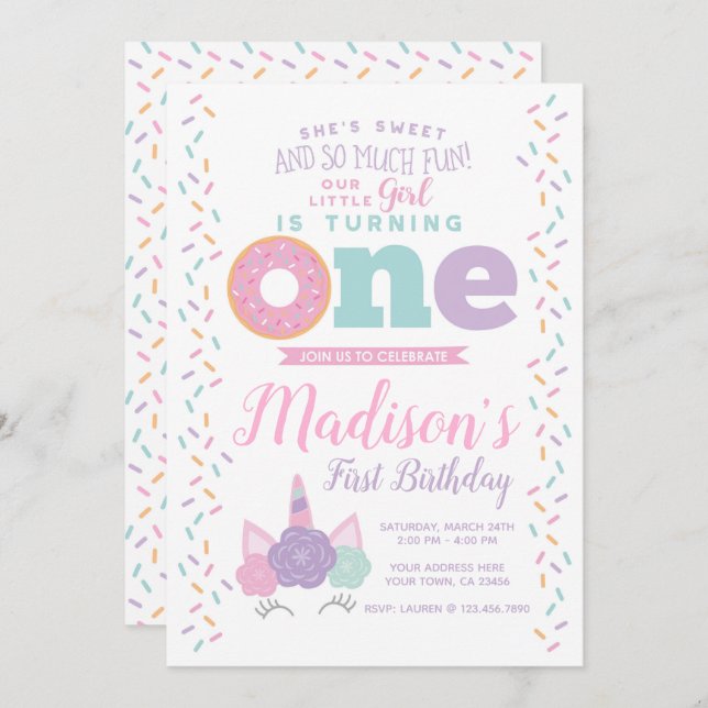 Unicorn and Doughnut 1st Birthday Invitation (Front/Back)