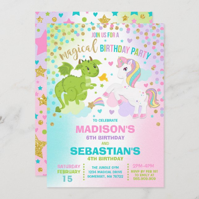Unicorn And Dragon Birthday Invitation Siblings (Front/Back)