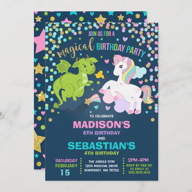Unicorn And Dragon Birthday Invitation Siblings (Front/Back)