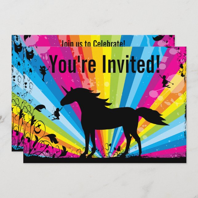 Unicorn and Fairies Rainbow Birthday Invitation (Front/Back)