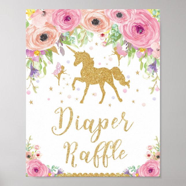 Unicorn and Fairy Baby Shower Diaper Raffle Sign (Front)