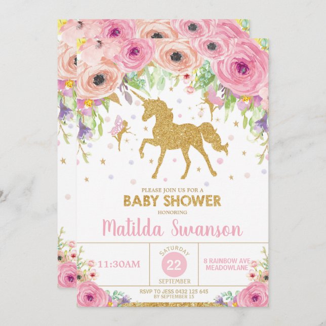 Unicorn and Fairy Baby Shower Invitation Baby Girl (Front/Back)