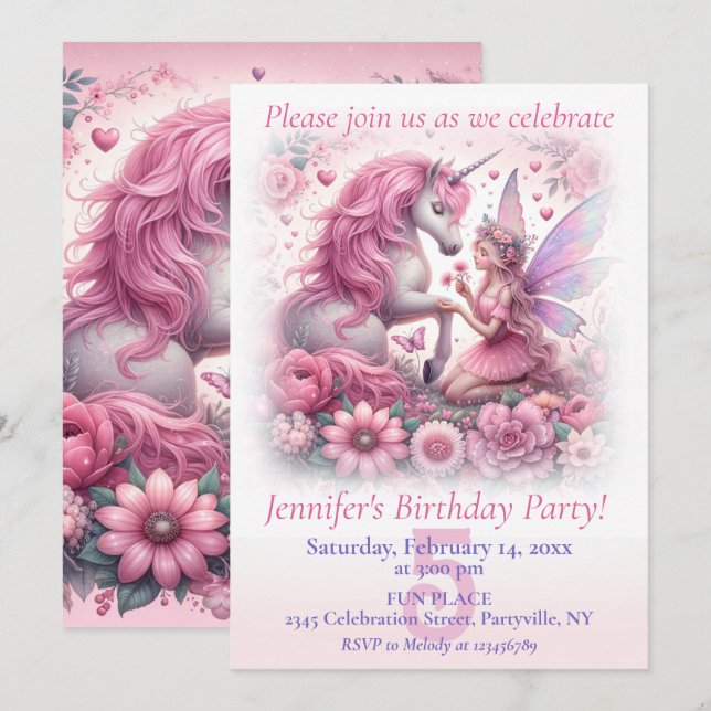 Unicorn and Fairy Birthday Party Invitation (Front/Back)