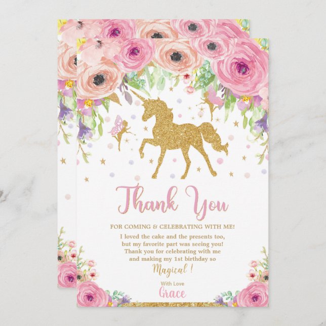Unicorn and Fairy Birthday Thank You Note Card (Front/Back)