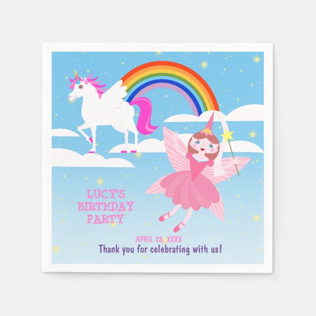 Unicorn and Fairy Magic Birthday Party Napkin (Front)