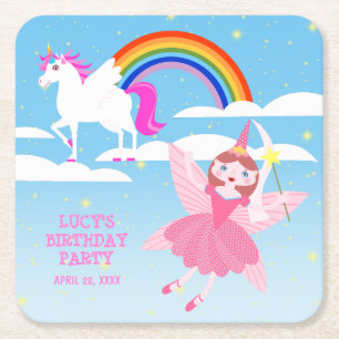 Unicorn and Fairy Magic Birthday Party Square Paper Coaster