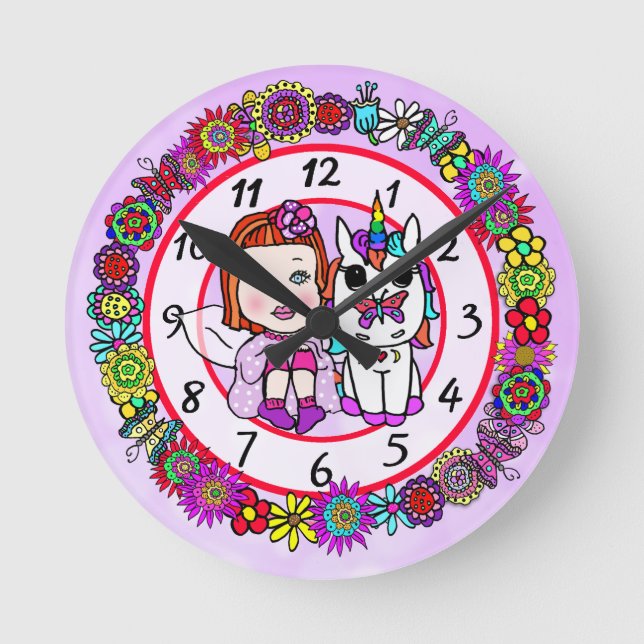 Unicorn and Fairy Whimsical Folk Art Girl's Round Clock (Front)