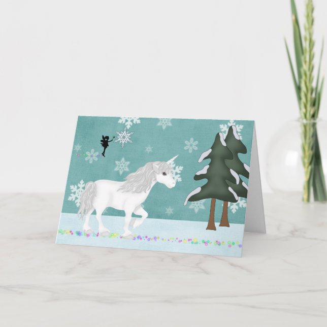 Unicorn and Fairy Winter Holiday Greeting Card (Front)