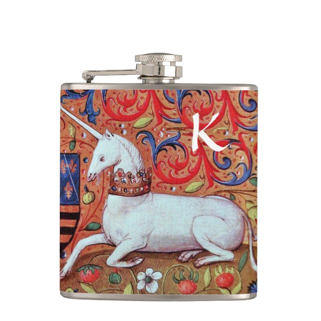 UNICORN AND FANTASY FLOWERS,FLORAL MOTIFS MONOGRAM HIP FLASK (Front)