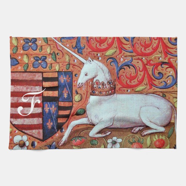 UNICORN AND FANTASY FLOWERS,FLORAL MOTIFS MONOGRAM TEA TOWEL (Horizontal)