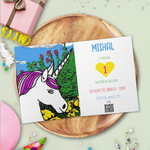 Unicorn and Flower Field 1st Birthday Invitation