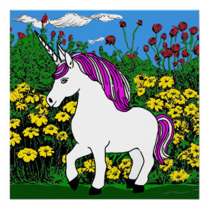 Unicorn and Flower Field Poster