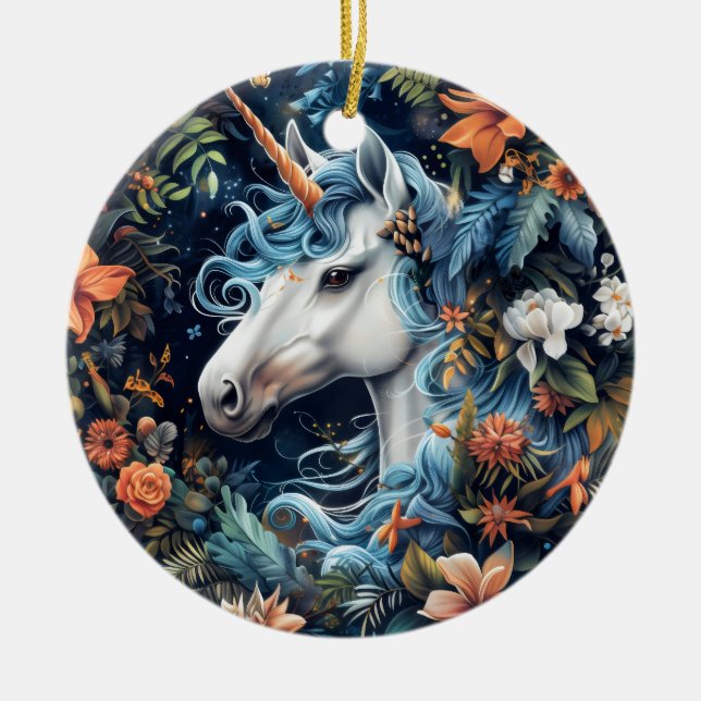 Unicorn and flowers fantasy design ceramic ornament (Front)