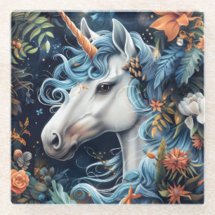 Unicorn and flowers fantasy design glass coaster