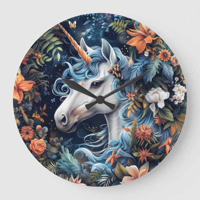 Unicorn and flowers fantasy design large clock (Front)
