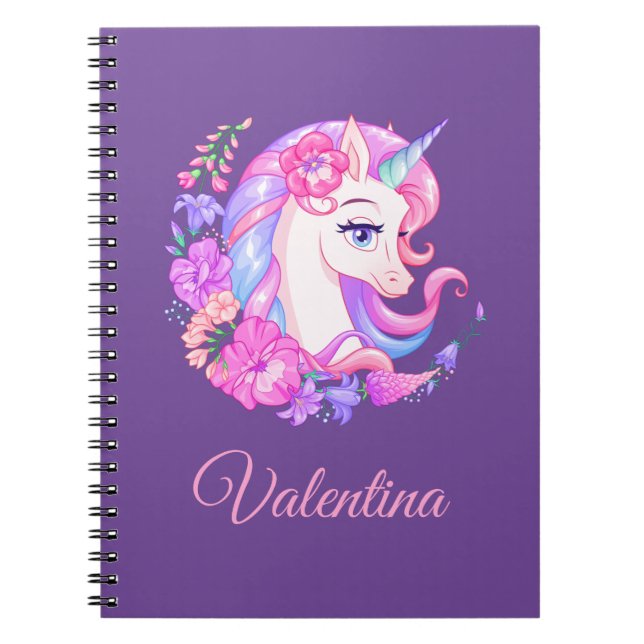 Unicorn and Flowers Personalised Spiral Notebook (Front)