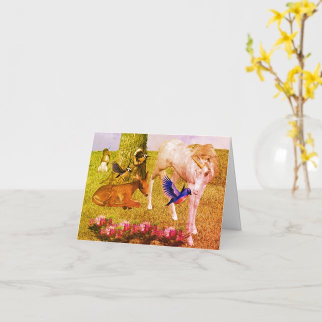 Unicorn And Forest Friends Art Note Card (Yellow Flower)