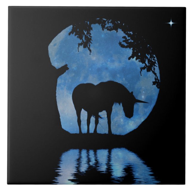 Unicorn and Full Blue Moon Fantasy Ceramic Tile (Front)